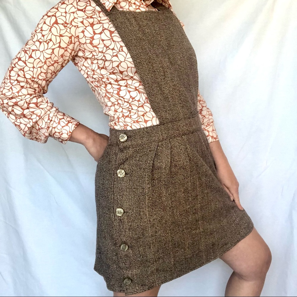 Vintage 70s Brown Tweed Apron Front Pinafore Mini Dress